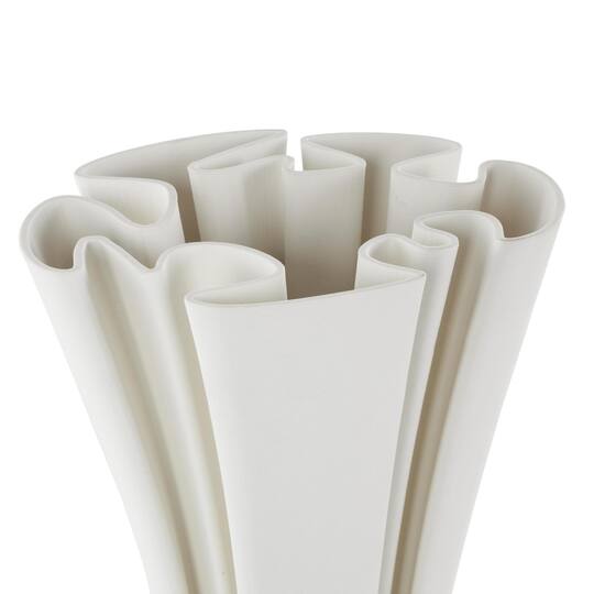 White Ceramic Abstract Ribbed Dimensional Folded Vase with Curvy Rim